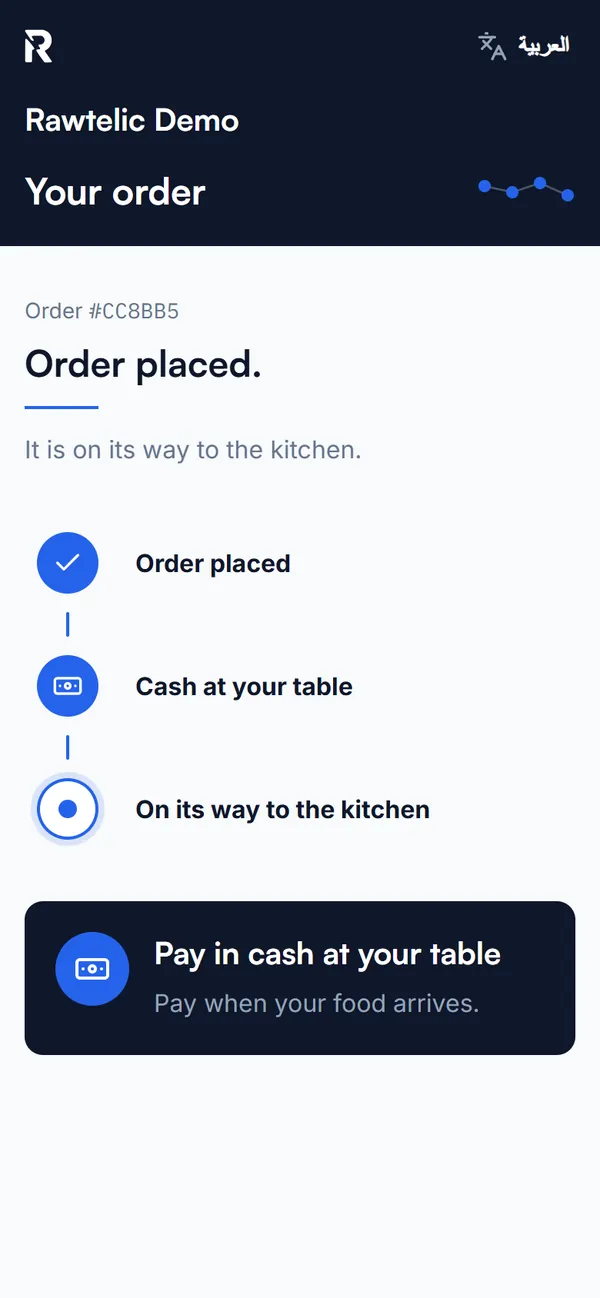 The order screen on a phone: order placed, cash at the table, on its way to the kitchen.